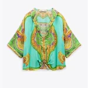 NWT Zara Green MULTICOLORED Flowing Viscose Print Shirt top Sz S